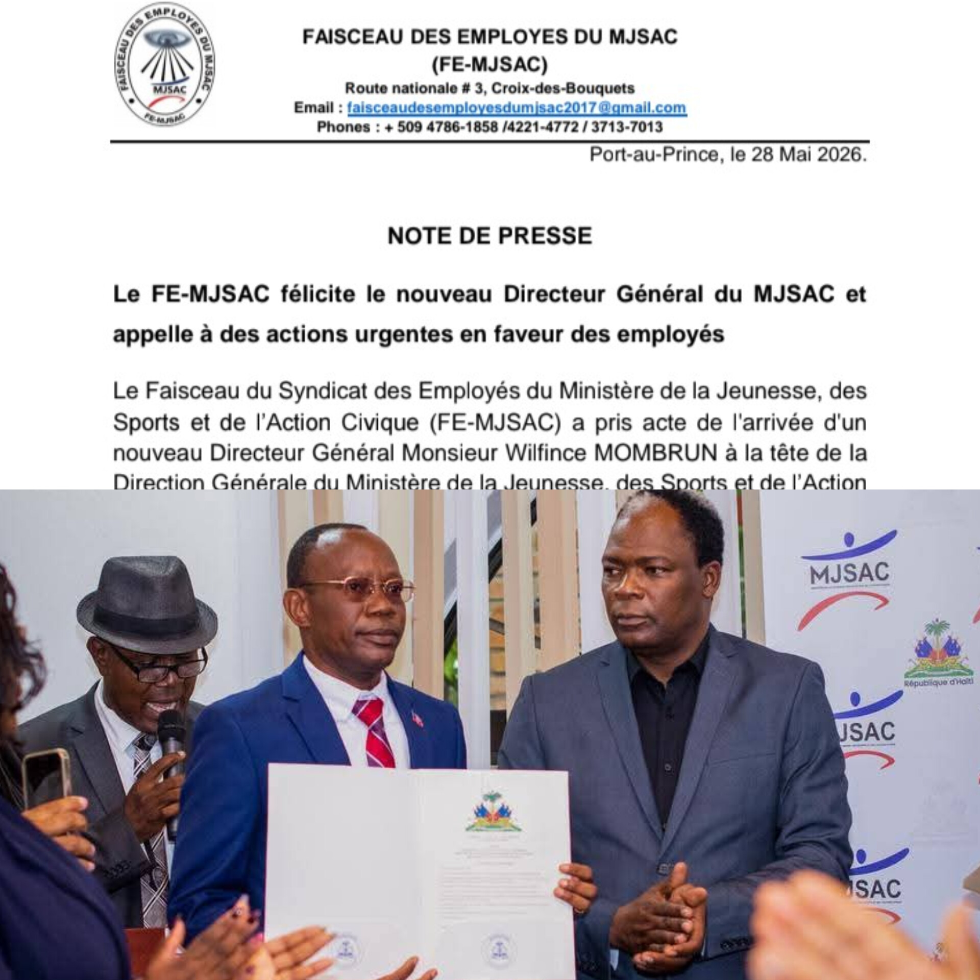 Le FE-MJSAC félicite le nouveau Directeur général et réclame des mesures en faveur des employés