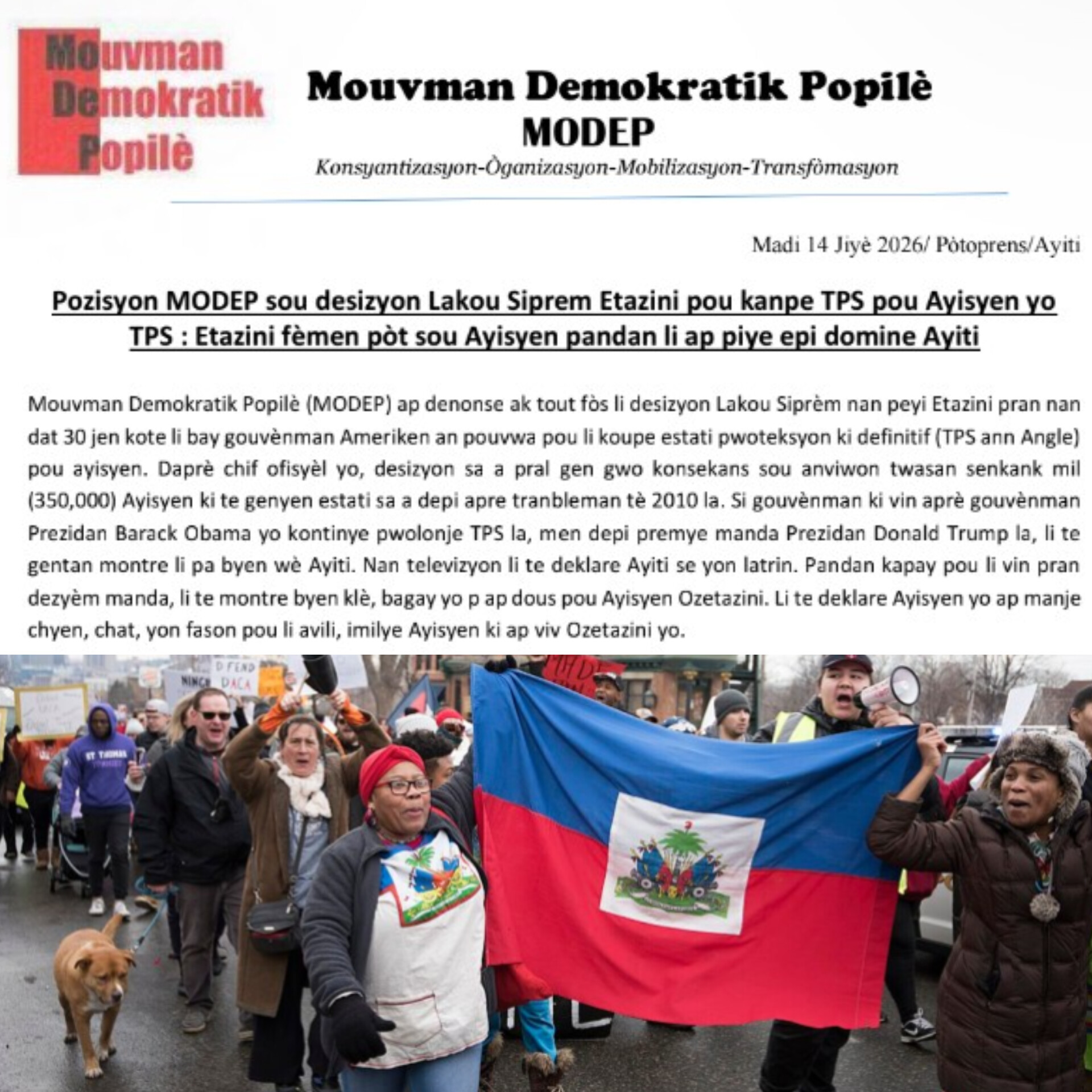 Le MODEP dénonce la fin du TPS pour les Haïtiens et accuse Washington de renforcer sa domination sur Haïti